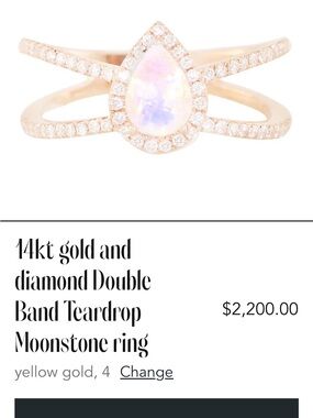 14kt Yellow Gold Double-Band Teardrop Moonstone Ring with Diamond Halo